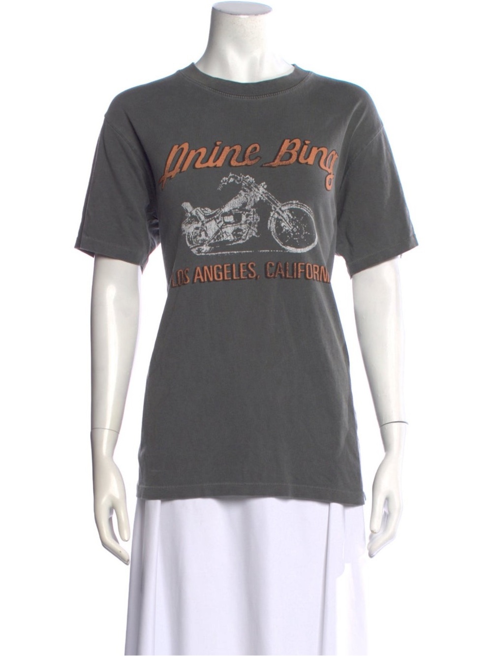 Anine Bing Charcoal Short-Sleeve Tee. Motorcycle Graphic with Orange Lettering.